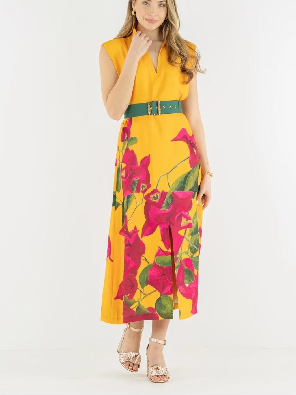 Emily Mccarthy Roma Dress Yellow Floral Midi Dress Belted Resort, S M L